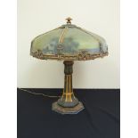 An early 20th Century Edward Miller table lamp, Connecticut USA, reverse painted glass panels,