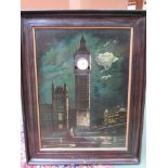 A framed oloegraph of Big Ben and Parliament with mother of pearl inlay,