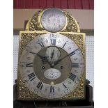 A George III oak longcase clock, brass arched dial with Roman chapter ring,