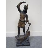 A gilt and spelter figure of a warrior on boat 'Old England' 57cm tall