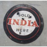 A double sided circular enamelled sign "Sold INDIA here"