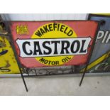 An enamel sign mounted on an iron frame, Castrol,