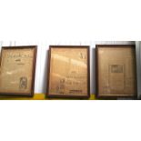 Three 1920's double sided framed and glazed newspapers,