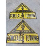 A pair of enamelled AA "Concealed Turning" signs