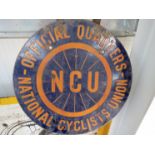 A circular double sided enamelled sign on brackets "Official Quarters - National Cyclists Union"
