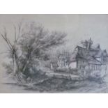 A Charles Whittaker monotone image of rural village scene, figures to pathway,