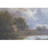 A 19th Century gesso framed oil on board of cottages in rural landscape with river to foreground,