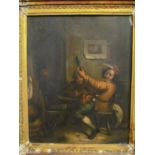 A 19th Century gesso framed oil on tin panel depicting two gentlemen seated in an interior scene,