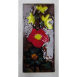 A West German wall tile, red, green, yellow flowers, 32cm x 14.