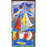 A West German relief wall tile depicting multi coloured boats on a dark background by Albertwerke