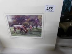 An unframed watercolour of cows initialled W.E.