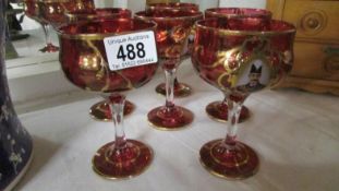 A set of 6 Ottoman ruby glass wine glasses