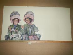 A painted retro panel with 2 ladies under hair driers