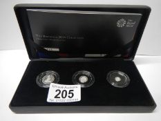A cased set of 3 Royal Mint Brittania 2014 collection silver proof coins