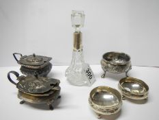 A silver collared scent bottle, a pair of silver salts a/f, a plated salt and a pair of plated