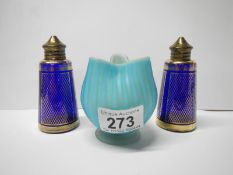 A Stourbridge Burmese small vase and Bristol blue salt and pepper pots