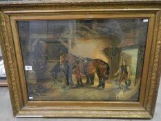 A framed and glazed painting of horses in stable