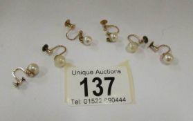 3 pairs of 9ct gold pearl earrings