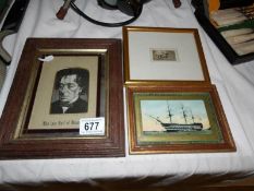 A Stevens silk of Lord Beaconsfield and 2 other small pictures