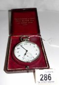 A large 20th century Swiss chronograph pocket watch in fitted red velvet box marked 'Chronometer