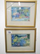 A pair of small framed and glazed oil paintings, 1 glass a/f