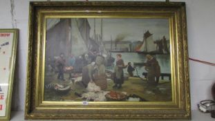 A large oil on canvas Dutch harbour scene