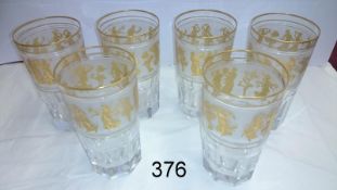 A set of 6 Val St. Lambert Belgian glass tumblers decorated with 24ct gold, signed
 
All undamaged