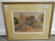 A fined watercolour of a two wheel water mill dated 1869, B Hallewell