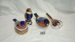 4 Royal Crown Derby bird paperweights, Bullfinch, Bee-eater, Bullfinch nesting and long tailed tit