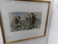 A watercolour by R James Mason 'Teddy boys chasing the girls' initialed RJM and dated 1954