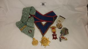 2 Masonic sashes and jewels, founder medal and Mother Lodge jewel etc