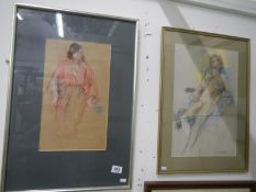2 framed and glazed life studies signed M Donnington, 1 glass a/f