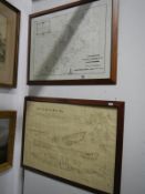 A framed and glazed set of plans for an Isles of Scilly pilot gig and a framed and glazed map of the
