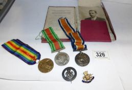 3 WW1 medals for 5944 Pte J J Broughton, 16-London Regiment, badges,