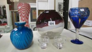 An art deco glass bowl a blue glass Venetian? goblet, 2 cut glass vases and a pink spiral vase