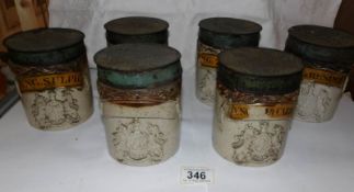 6 19th century stoneware chemist's jars with metal lids