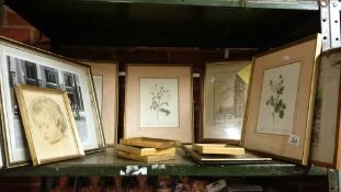 A shelf of framed and glazed prints etc