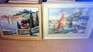 An oil on board coastal scene and one other