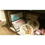 3 framed & glazed pictures & 2 pheasant plates