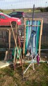 A quantity of garden tools, deck chair etc