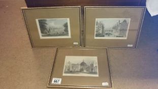 3 framed and glazed antique engravings, King's college Cambridge etc