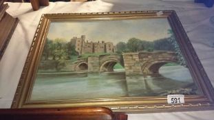 A framed and glazed castle scene signed J K Costain, 1973