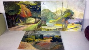 3 unframed oils on board country scenes