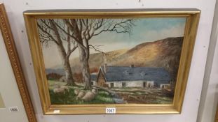 An oil painting of a farmer's cottage with sheep in foreground signed S R Knowles