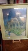 A framed and glazed painting of a church