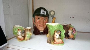 3 Hornsea animal ornaments and a character jug