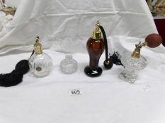 3 glass perfume atomisers and a glass perfume bottle