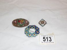 A silver and enamel brooch (maker ARD&S) together with an a/f micromosaic brooch and one other