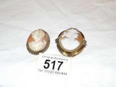 2 shell cameo brooches in yellow metal mounts