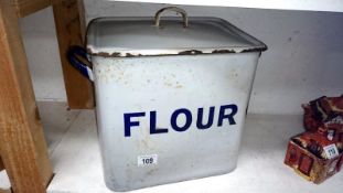 An enamel flour bin